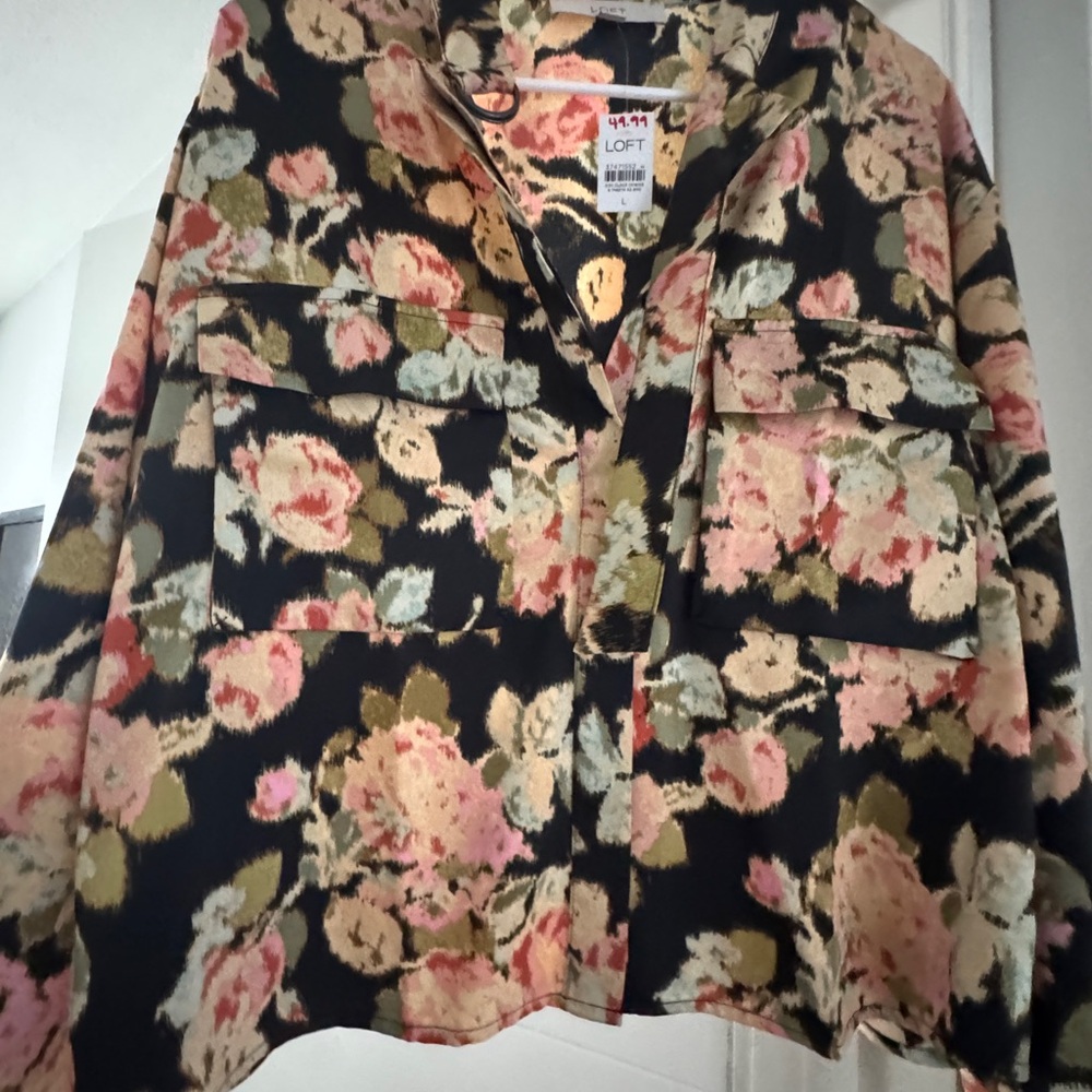 LOFT Floral Blouse - Black, Pink, Green